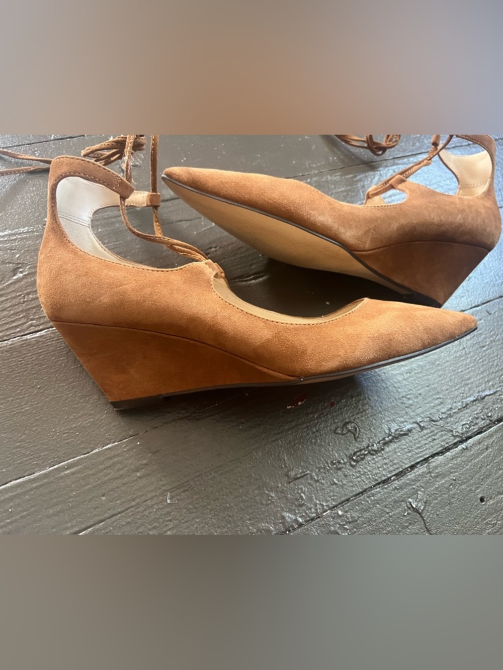 Marc Fisher Tan Suede Pointed-Toe Lace-Up Wedges - Picture 6 of 9